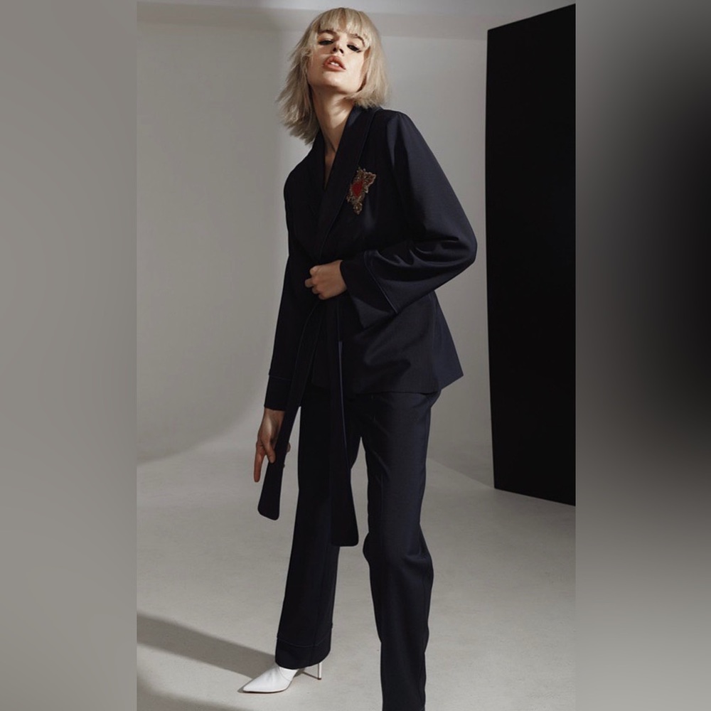 I Love Parlor Navy Heart Embroidered Wool Smoking Style Suit Jacket Pants Set